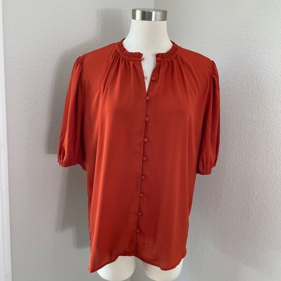 NEW ANN TAYLOR Womens XL Burnt Orange Button Up Ruffle Neck Blouse Shirt - Picture 2 of 12